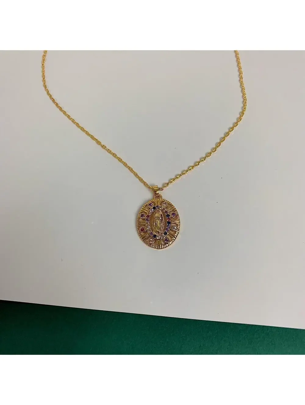 Multi colored rhinestone Saint Marry circle pendant y2k 90s style gold necklace